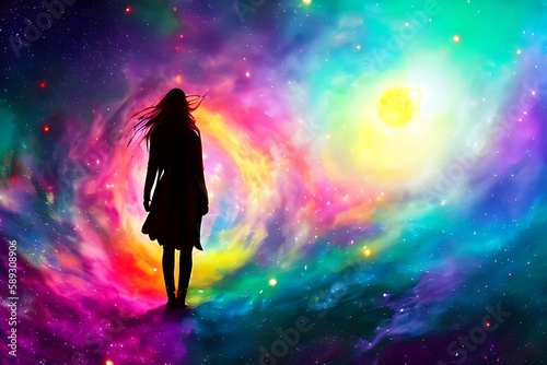A young woman in the middle of the Universe. Colorful Galaxy illustration. Generative AI