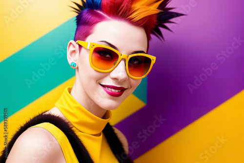 Portrait of a woman with colorful mohawk hair and sunglasses on a abstract painted background, summer vibrancy. Generative AI. © soleg