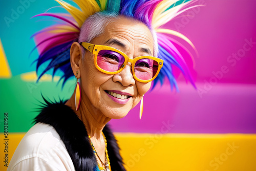 Portrait of an elderly Asian woman with bright mohawk-colored hair and sunglasses on the background of an abstract painting, summer brightness. Generative AI. © soleg