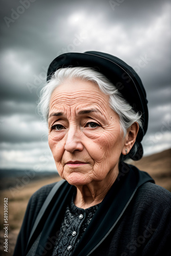 Dramatic portrait of an elderly woman, late autumn landscape as background, dark sky with storm clouds. Generative AI.