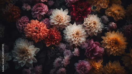 Floral background. Colorful flowers wallpaper for a wedding decoration or a greeting card. Floral wallpaper featuring a stunning flower wall background. Created with generative AI. © mgorak
