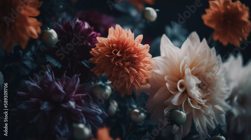 Floral background. Colorful flowers wallpaper for a wedding decoration or a greeting card. Floral wallpaper featuring a stunning flower wall background. Created with generative AI.