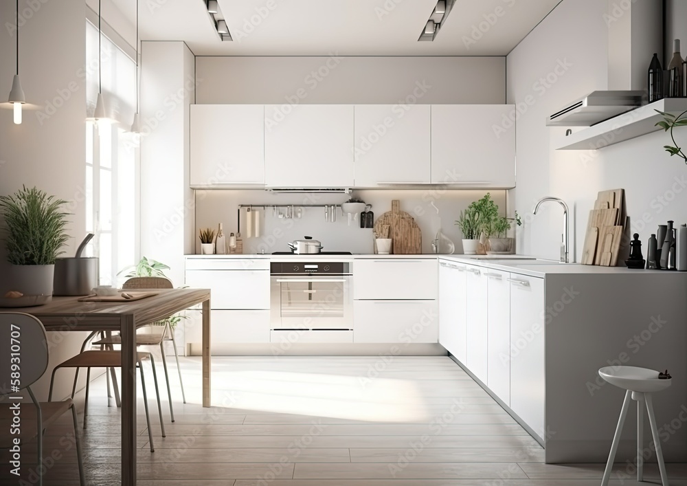modern bright kitchen, interior design, generative ai