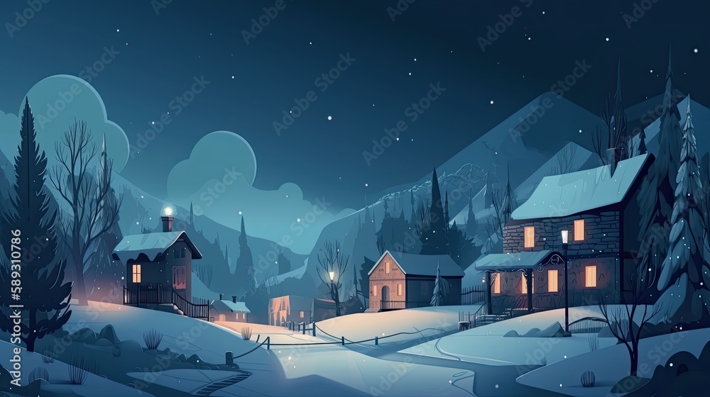 Merry Christmas at Home: Illuminated Village House During Festive Evening: Generative AI