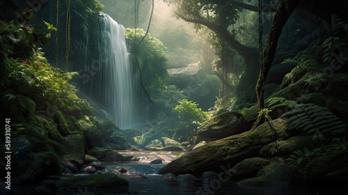 Escape to a Magical Waterfall in the Fantastical Rainforest: Experience Dreamy Serenity and Allow Your Imagination to Run Wild: Generative AI © AIGen