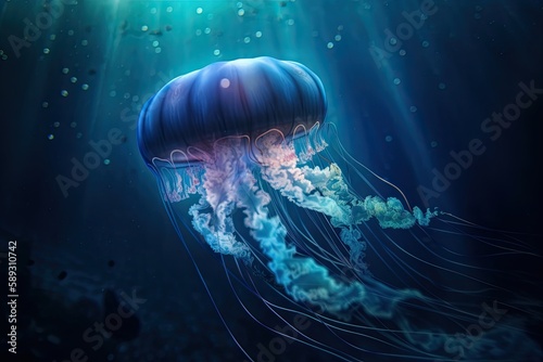 Fantasy Under the Sea: Exotic Glow of a Fluorescent Jellyfish Floating in the Ocean's Abstract Motion. Generative AI