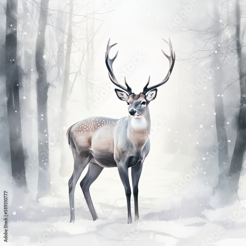 Majestic Buck Standing in a Winter Wonderland: Cervid in a Snow-Covered Forest for the Christmas Season: Generative AI