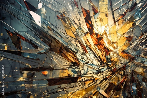 Shattered Glass Explosion: Calm Abstraction Art in a Golden Flying Design, Generative AI © AIGen