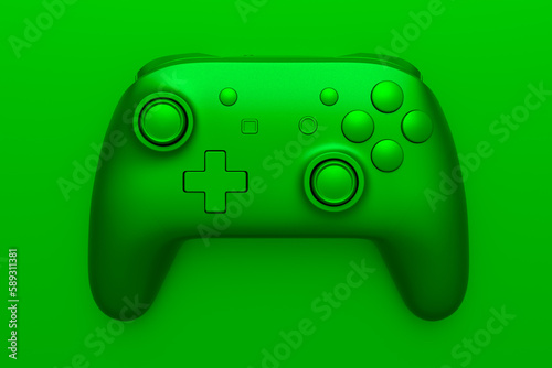 Realistic video game joystick with green chrome texture isolated on green