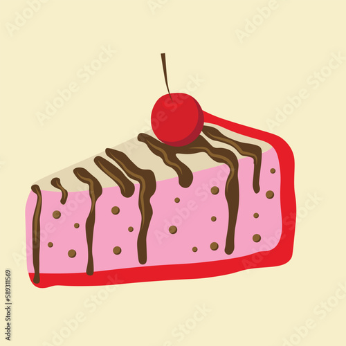 Vector illustration of cake with chocolate and cherry. Colorful logo for confectioner or bakery
