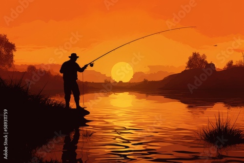 Silhouette of a fisherman fishing at sunset near the river. Generative ai. © AiAgency