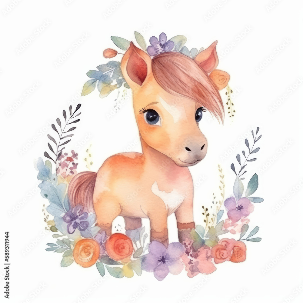 Cute watercolor pony Illustration AI Generative. Cute watercolor pony Illustration AI Generative.