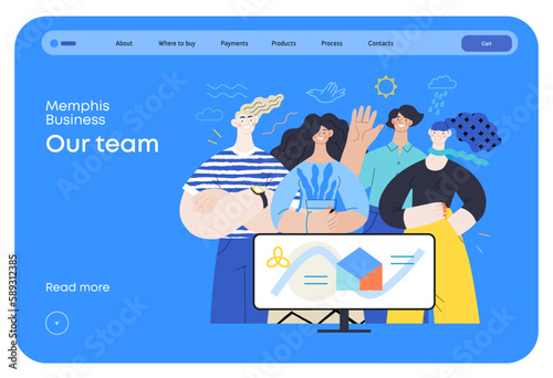 Memphis business illustration - our team, header. Flat style modern outlined vector concept illustration. Group of people, creaw, standing together. Corporate teamwork business metaphor.