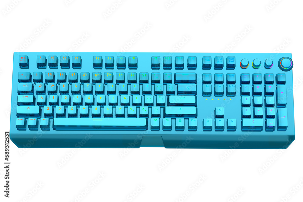 Realistic computer keyboard with blue chrome texture isolated on white