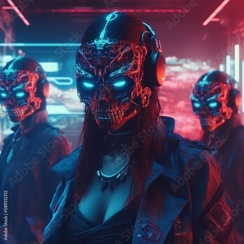 Girls with Skull Masks in the Future Cyberpunk Club