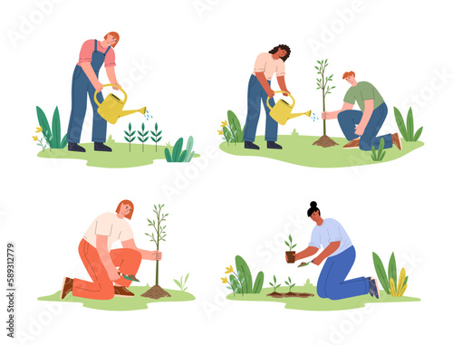 Set of diverse people gardening, plant trees. World Environment Day. Earth day. Reforestation, care about nature. People activities, lifestyle, hobby concept. Flat vector illustration