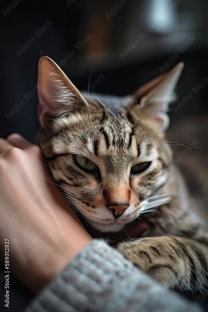 Human-Animal Bond: Cute Tabby Cat Gets Petting and Hugs on the Couch, Generative AI Human-Animal Bond: Cute Tabby Cat Gets Petting and Hugs on the Couch, Generative AI