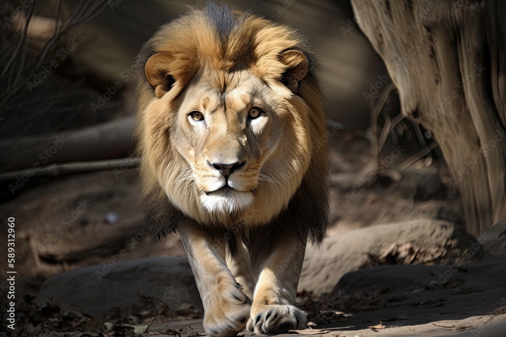 Majestic Lion Prowling Dangerously Toward Camera, Its Mane and Fur Wild and Wildly Beautiful: Generative AI Majestic Lion Prowling Dangerously Toward Camera, Its Mane and Fur Wild and Wildly Beautiful: Generative AI