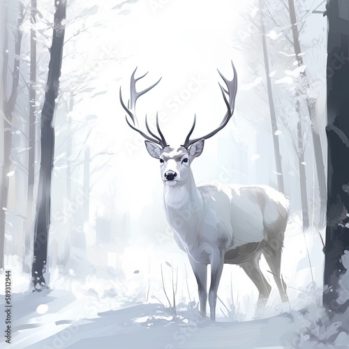 Majestic White Buck amidst Snowy Winter Forest: A Reindeer Illustration for Nature Lovers. Generative AI