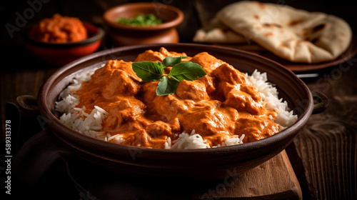 Chicken tikka masala spicy curry meat food in a clay plate with rice and naan bread on wooden background. Generative AI photo