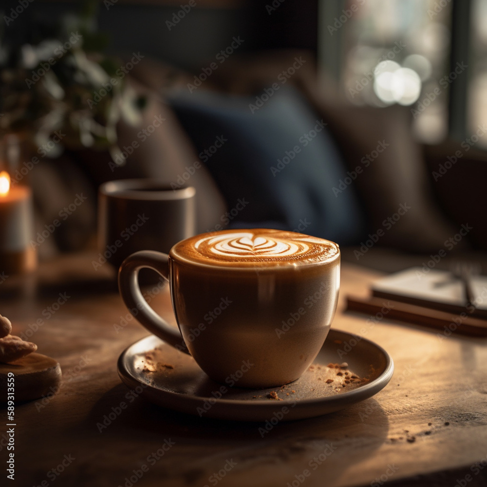 Obraz premium Cozy Coffee Break: Enjoying a Creamy Cappuccino in a Rustic Cafe