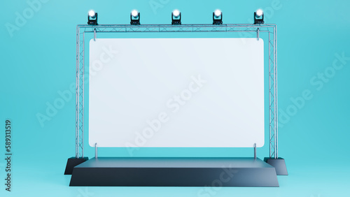 3D render of concert stage with metal frame, Empty stage with lightspots . photo