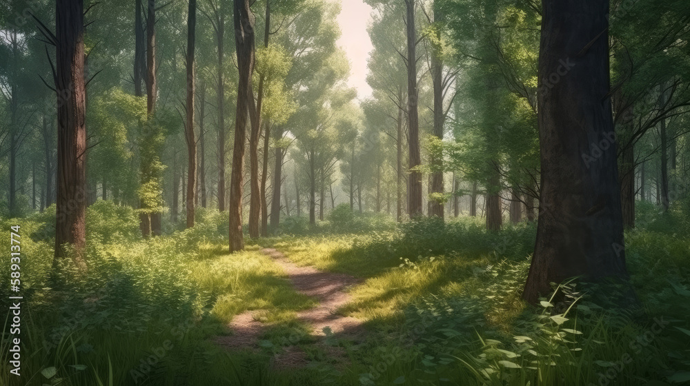 Summer forest background. Illustration AI Generative.