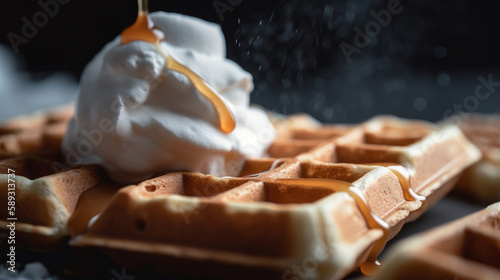 Waffles with cream. Illustration AI Generative