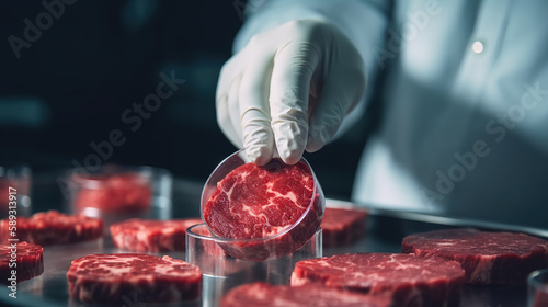 Lab grown meat concept, meat in petri dish. Generative Ai