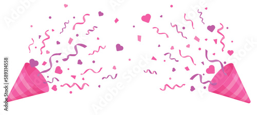 Confetti, explosion, firecracker, celebration. Cartoon style. Vector. Pink cute party papper. Party popper. Exploding festive popper with confetti. The element of celebrating a new year, birthday