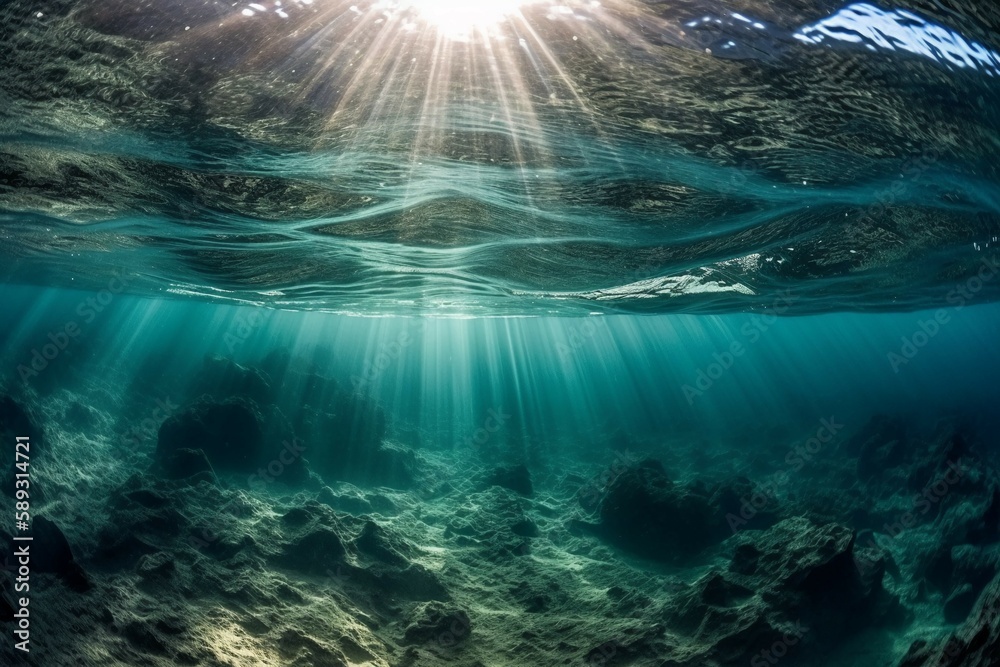 Obraz premium Sunlight shining ,the surface of the blue ocean, sea, with dark waters