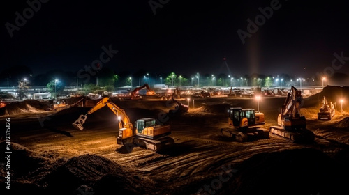 Many excavators work on construction site with night lights. Generative AI photo