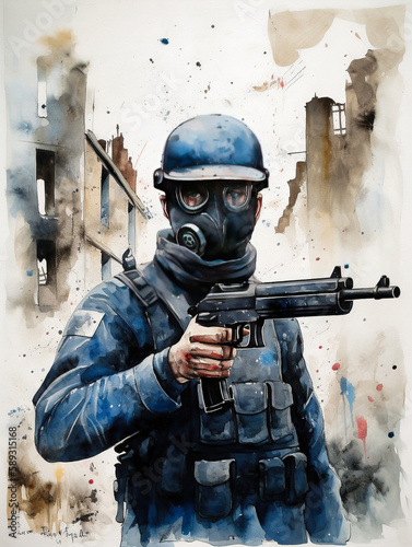 Mural Graffiti Painting of Masked Anti-Riot Police Officer Holding Weapon - generative ai