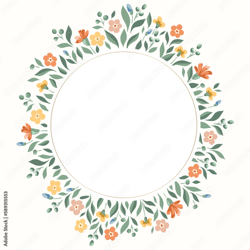 Delicate Chintz Romantic Meadow Wildflowers Vector Round Frame. Cottagecore Garden Flowers and Foliage Wedding Invitation. Homestead Bouquet. Farmhouse Background