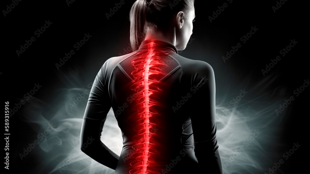 Women with back pain, sports injury and fitness, spine xray and anatomy with red overlay