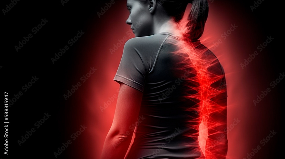 Women with back pain, sports injury and fitness, spine xray and anatomy with red overlay