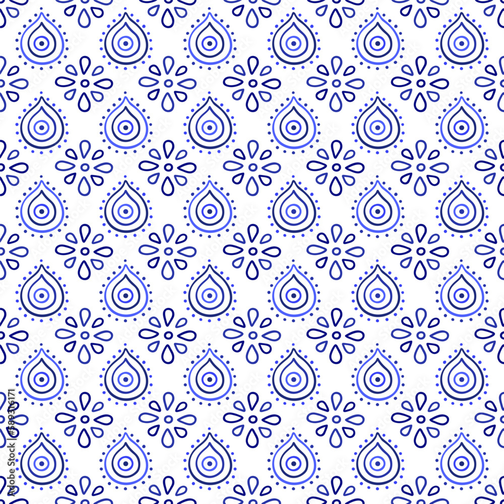 Background of Turkish evil eye symbols. Ethnic style blue greek protection from the spoilage signs. EPS 10 vector seamless pattern for wrapping paper, textile, package or bed linen print