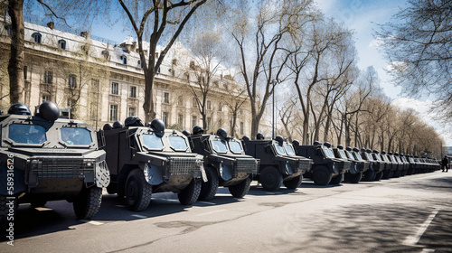 Riot Police Armored Vehicles on Parisian Street - generative ai © Uolir