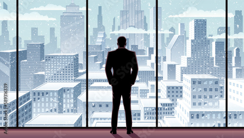 Businessman Watching City Winter