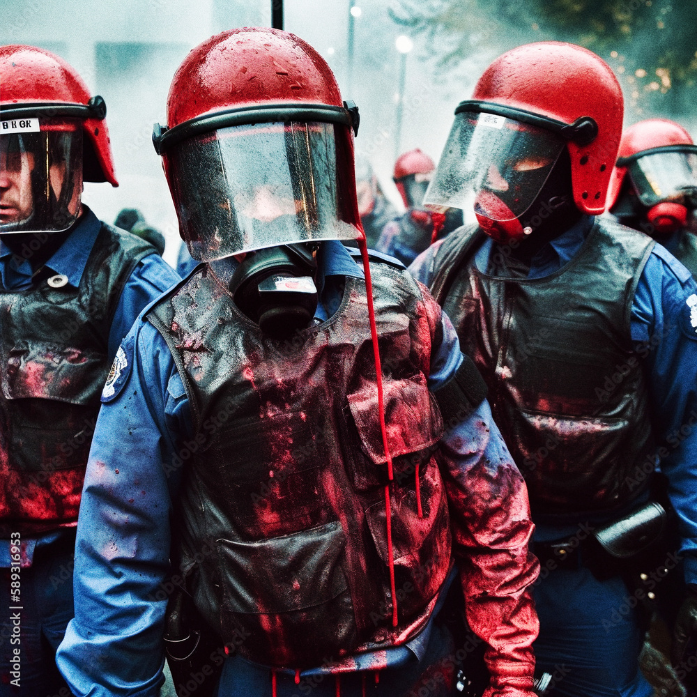 Riot police covered in blood - generative ai Riot police covered in blood - generative ai