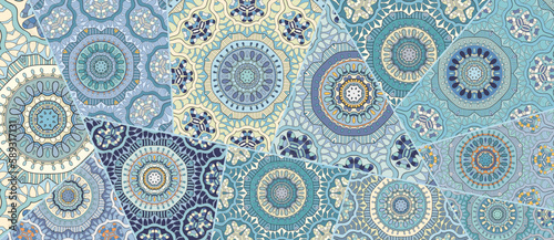Vector patchwork quilt pattern. Vintage decorative collage. Hand drawn background. Indian, Arabic, Turkish motifs for printing on fabric or paper. Abstract colorful doodle pattern in mosaic style