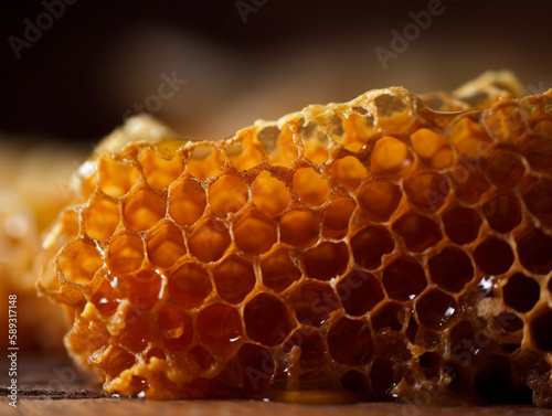 Sweet gold honeycomb macro closeup. Healthy organic honey dessert for World Bee Day, Honey Bee Day. Generative AI