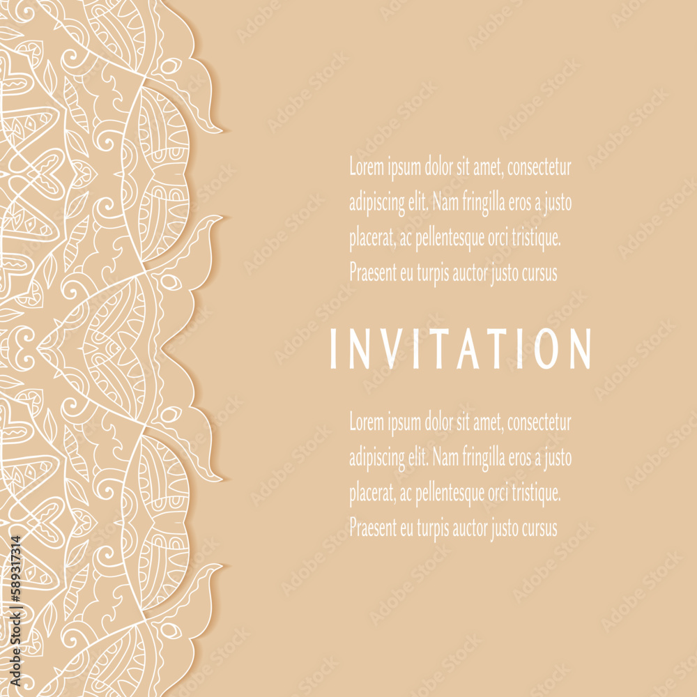 Invitation or Card template with lacе frame border, doodle line pattern, mandala element. Decorative openwork filigree art background for Wedding, Valentine's day greeting card, Birthday Invitation