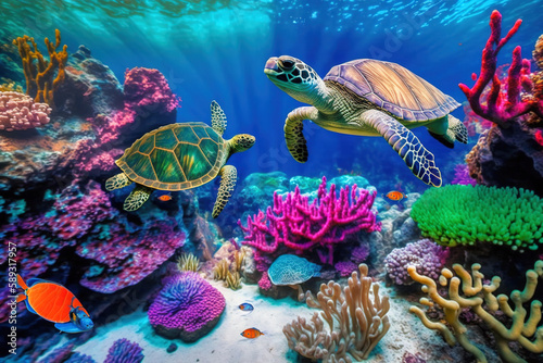 Coral reef with wild sea turtles and fish, tropical ocean underwater life, generative AI photo