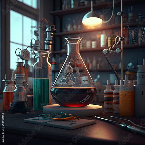 Mad Scientist Laboratory - Illustration of a chemistry laboratory corner, with strange interesting installations
