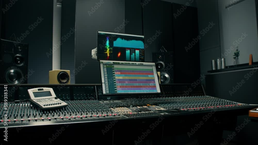 recording studio with a screen with sound wave and volume settings two
