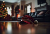 santa hat lying on floor of living room with christmas tree. Generative AI