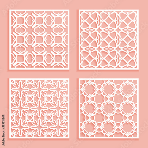 Templates for laser cutting, plotter cutting, printing. Square line patterns set. Geometric design cut out of paper. Mandala Islamic die cut ornament. Fretwork panels, cutout silhouette stencils