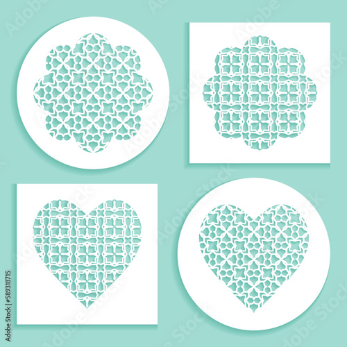 Templates for laser cutting, plotter cutting, printing. Heart and flower shape line pattern. Geometric design cut out of paper. Mandala die cut ornament. Fretwork panels, cutout silhouette stencils