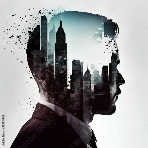 Businessman silhouettebackground, head silhouette and skyscrapers double exposure, grey sky, suit tuxado, new york style buildings. Created using generative AI photo